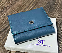 Маленький кожаный женский кошелек бирюзового цвета на магните ST 440