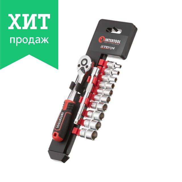 Набір головок 1/4" 4-13 мм, подовжувач, ручка з храповим механізмом 72 зуби, 12 од. STORM ІНТЕРТУЛ ET-8012, фото 1