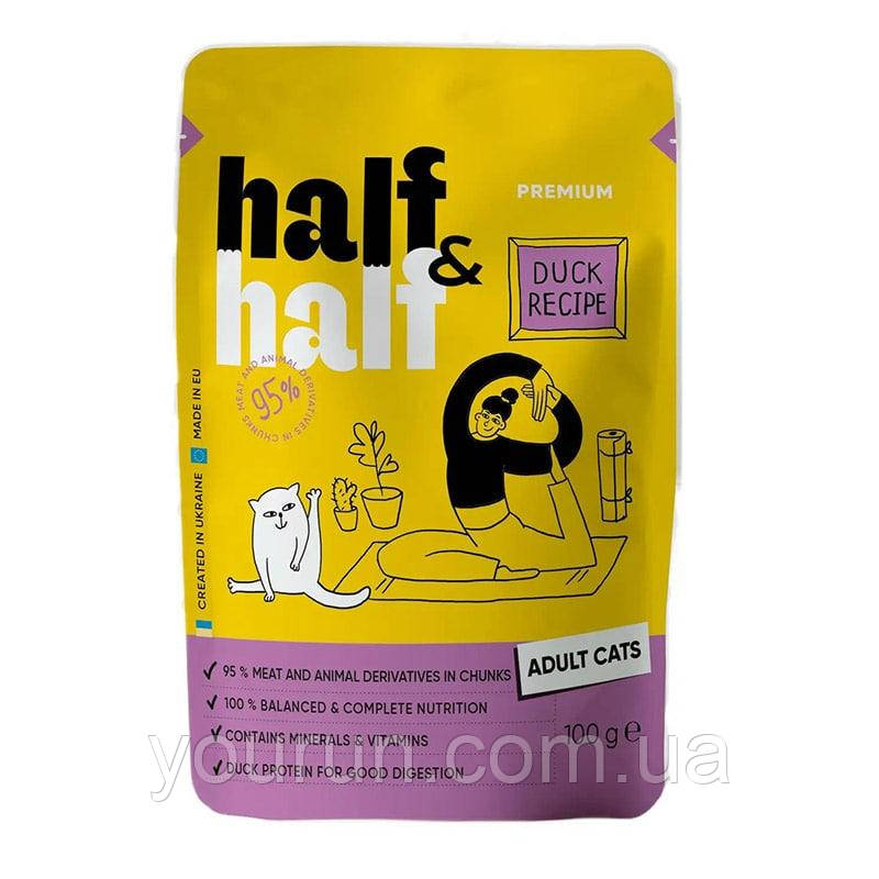 Half&Half (Халф енд Халф) Вологий корм для дорослих котів, шматочки з качкою в соусі 100 гр