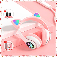 Стильные наушники с кошачьими ушками с LED подсветкой Наушники котики bluetooth Беспроводные наушники розовые