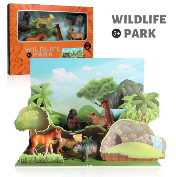 Ігровий набір тварин (6 фігурок, 3D ігрове поле, об'ємні елементи, гумові, в коробці) 6100 C, фото 1