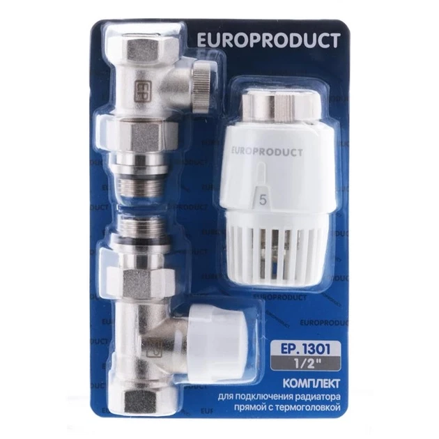 Комплект радіаторний прямий 1/2" EUROPRODUCT 1301 з термоголовкою