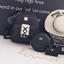 Шкільний набір 3в1 рюкзак + сумочка і візитниця для дівчинки екокожа чорний