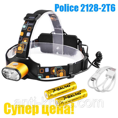 Ліхтар на лобі Police 2128-2T6(K28), signal light, 2х18650, ЗП micro USB, індикатор заряду