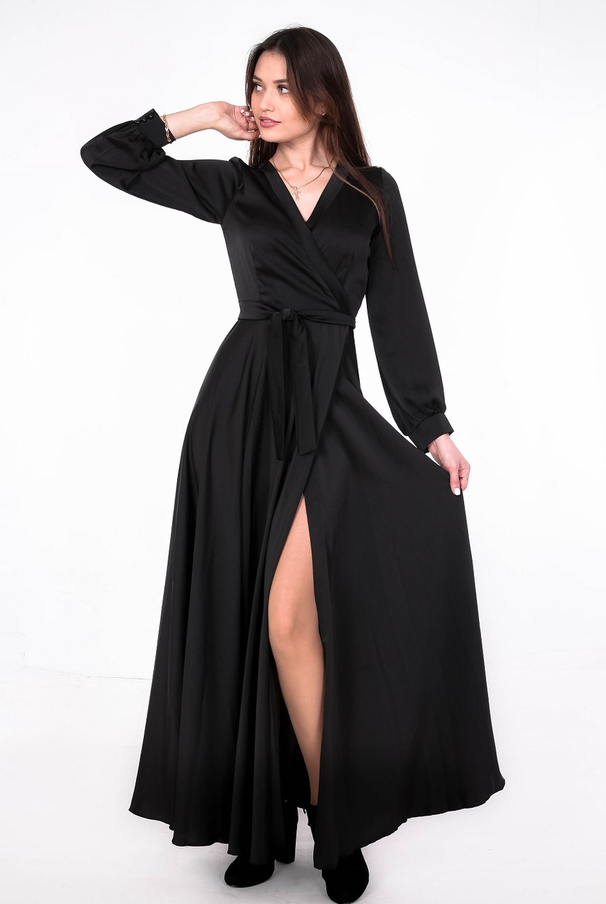 Плаття ошатне жіноче чорне однотонне з поясом атлас максі Актуаль 923057, 42