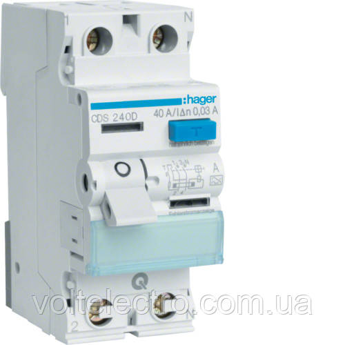 ПЗВ (дифреле) Hager 2P 40A 30mA A CDS240D QuickConnect