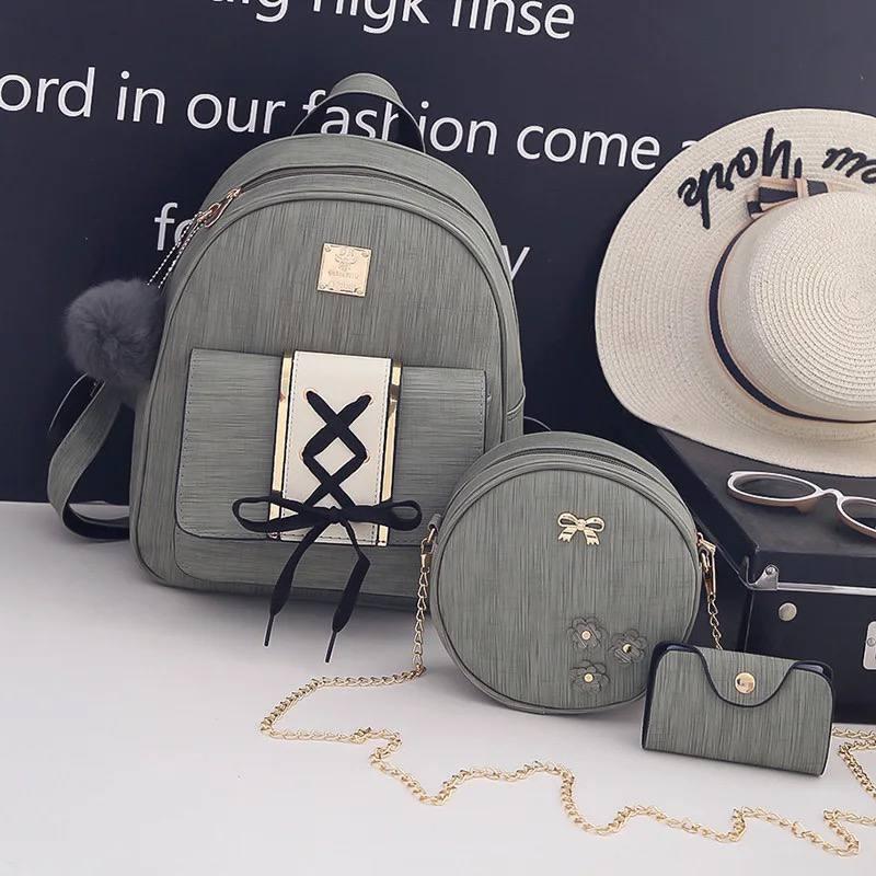 Набір 3в1 рюкзак + сумочка і візитниця хакі екошкіра, фото 1