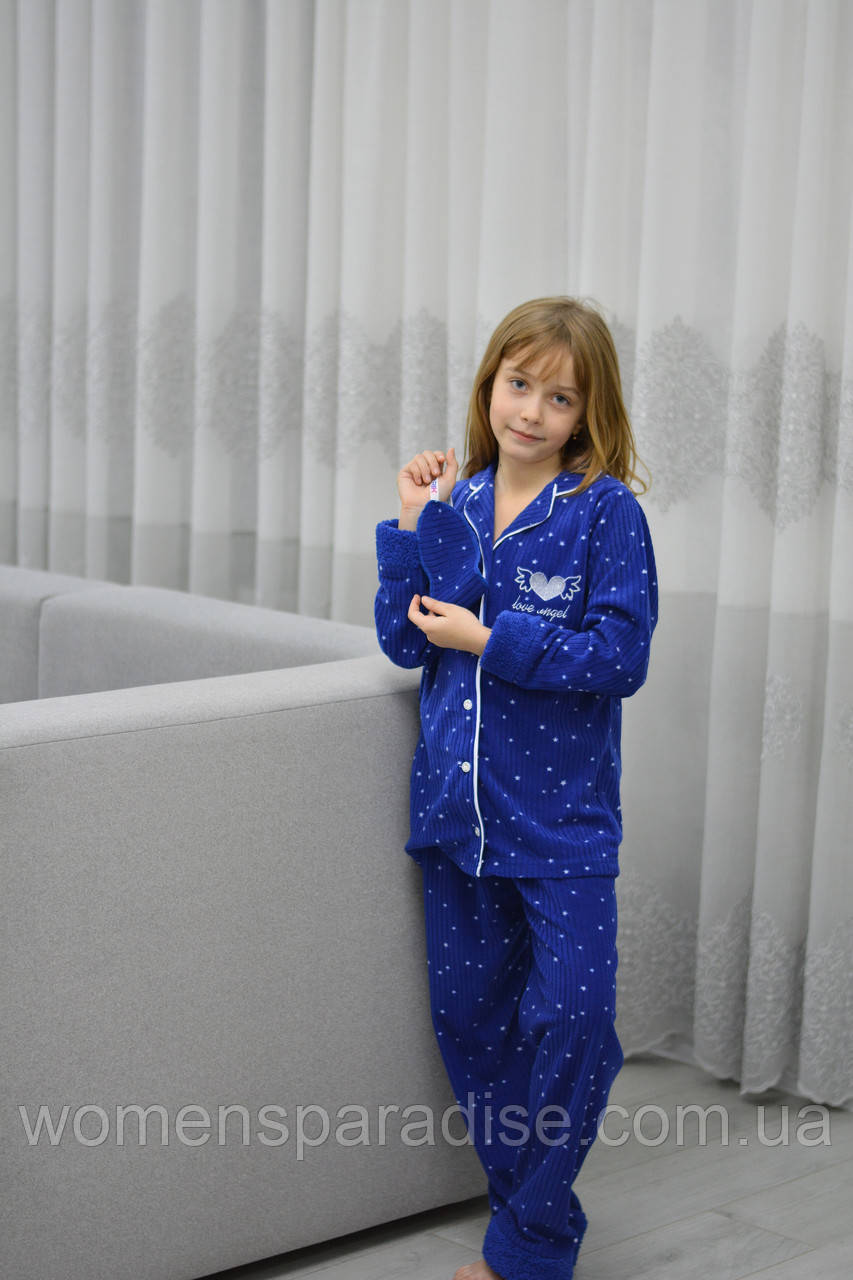 Стильна дитяча піжама 140-158 для дівчинки на гудзиках фліс -рубчик (штани і кофта) синя