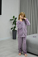 Стильна дитяча піжама 122-140 для дівчинки на гудзиках фліс -рубчик (штани і кофта) фіолет