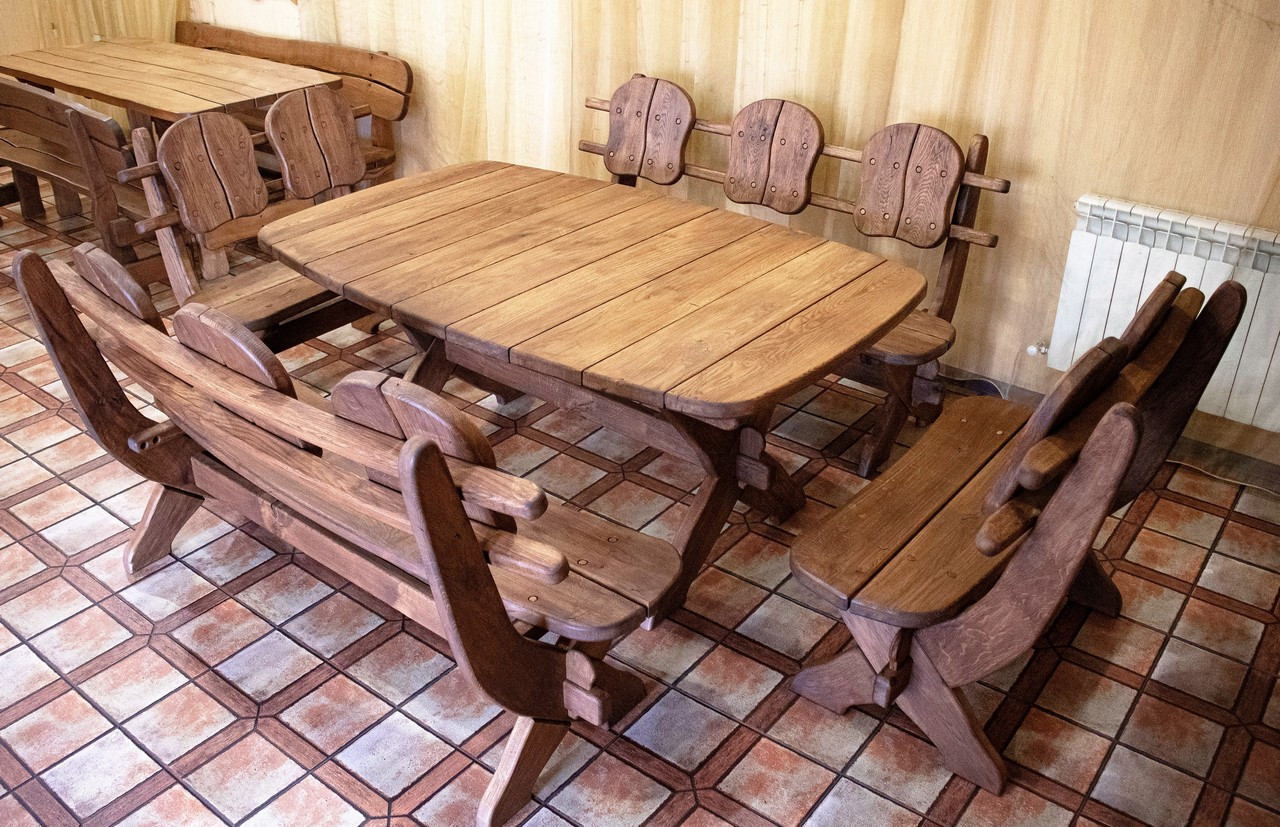 Solid thermowood furniture 1750x1100, Thermo-treated Oak Furniture set Table and 4 benches made of thermal oak - фото 1 - id-p2051154338