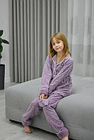 Стильна дитяча піжама 140-158 для дівчинки на гудзиках фліс -рубчик (штани і кофта) фіолет
