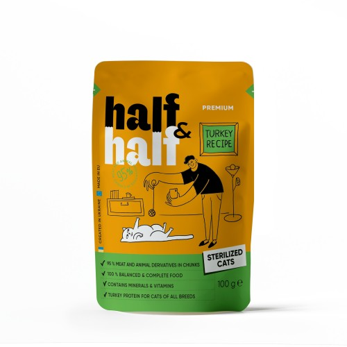 Вологий корм для стерилізованих котів Half&Half Sterilized pouch шматочки з індичкою в желе 100 г