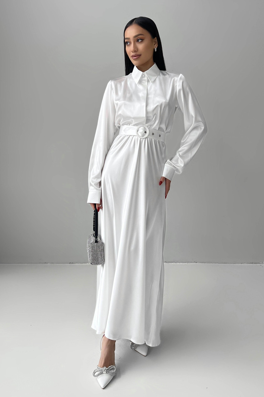 Довге атласне біле плаття до підлоги з рукавами та сорочковим коміром 42-50 розміри