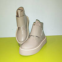 Демісезонні шкіряні черевики для дівчини, жіночі демісезонні ботильйони, бежеві шкіряні черевики на флісі