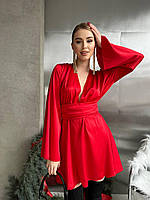 Праздничное платье мини, с декольте и воздушными рукавами, красное