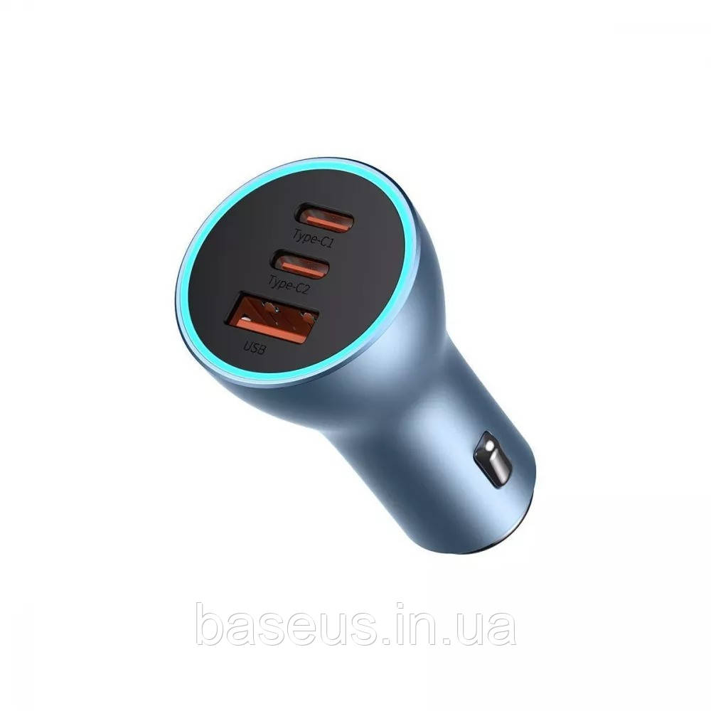 Автомобільний зарядний пристрій Baseus Golden Contactor Triple Fast Charger 65W 2xUSB-C/USB-A, Blue, фото 1