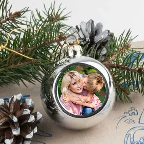 Куля на ялинку зі світлиною 6 см срібляста, фото 1