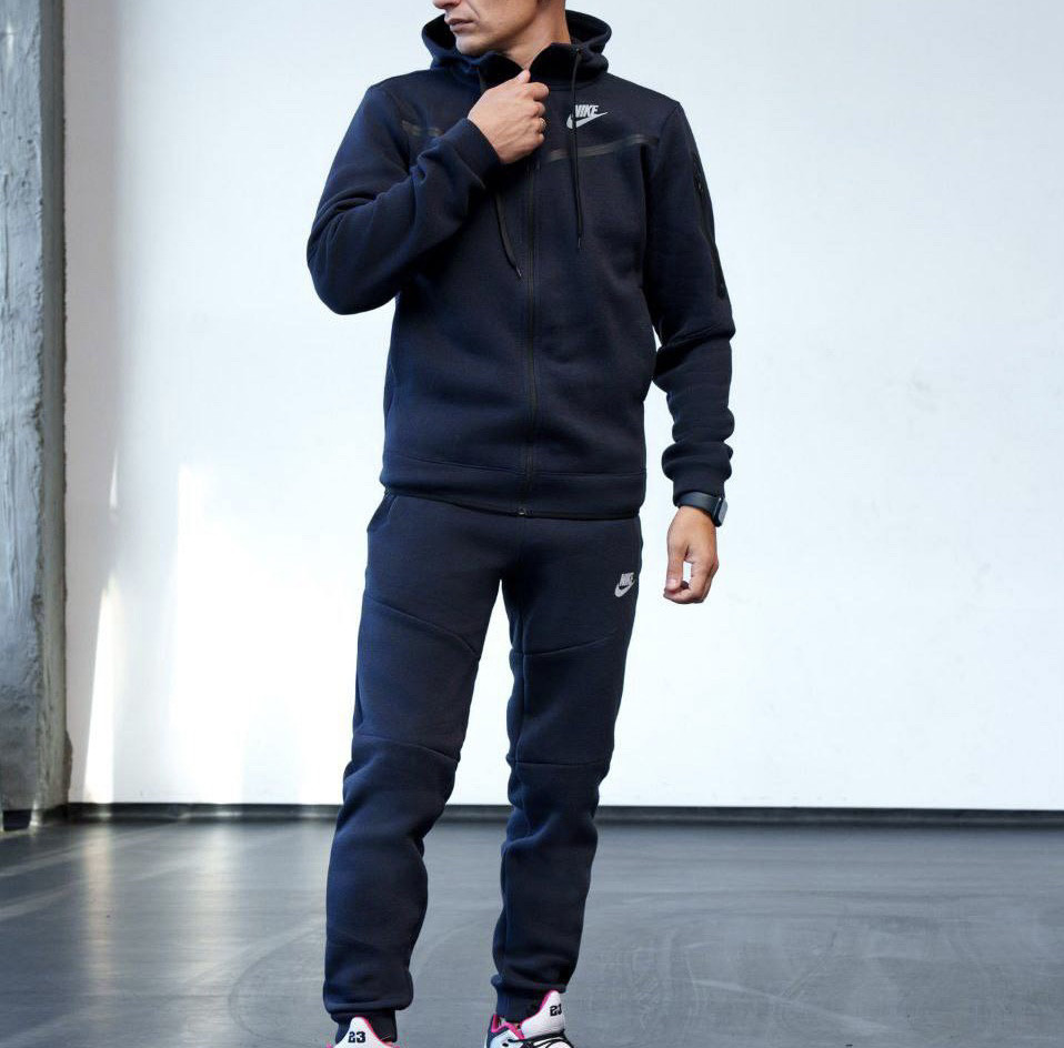Спортивний костюм чоловічий зимовий Nike Tech Fleece (найк теч фліс) осінь-зима теплий на флісі синій. Живе фото, фото 1