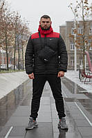 Чоловічий комплект Європейка куртка червоно-чорна + чорні штани утеплені + барсетка та рукавички у подарунок!