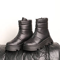 Зимние женские ботинки кожаные на натуральном меху черного цвета с молнией спереди