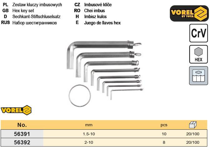 Набір ключ шестигранний куля тип L HEX 2,5-10 мм CrV 9 штук VOREL-56475