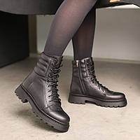 Зимние женские ботинки из натуральной кожи на натуральном меху черного цвета на молнии и шнуровке