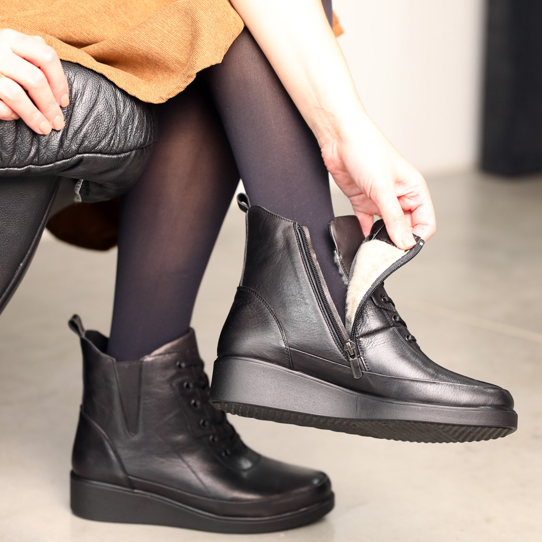 Жіночі зимові черевики шкіряні на натуральному хутрі чорного кольору на танкетці