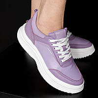 Демисезонные женские кроссовки из натуральной кожи бело-фиолетового цвета на толстой подошве