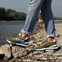 Модные мужские кроссовки из эко кожи зеленого цвета на стильной подошве на шнурках