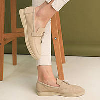 Модні жіночі туфлі лофери з натуральної замші бежевого кольору