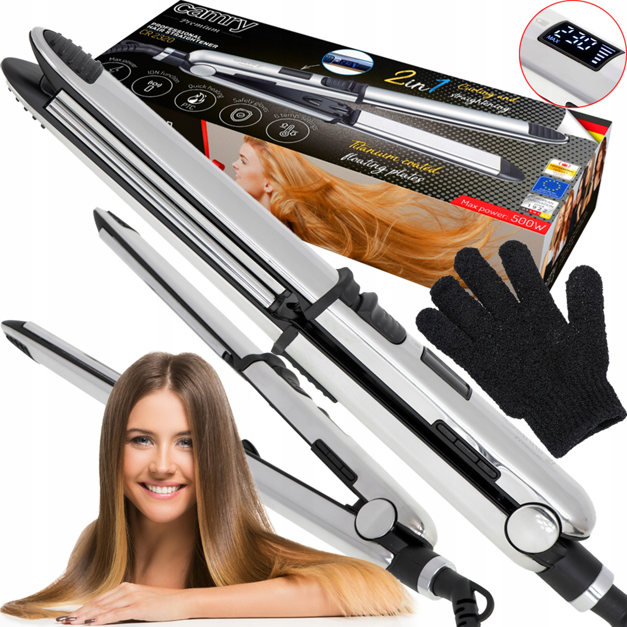 Випрямляч для волосся Camry CR 2320 — Титанові пластини 28 110мм, Іонізація, 130–230°C, 500Вт, фото 1