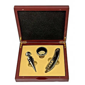 Набір сомельє для вина штопор, кільце, пробкова пляшка в дерев'яному кейсі 15х17х4 см