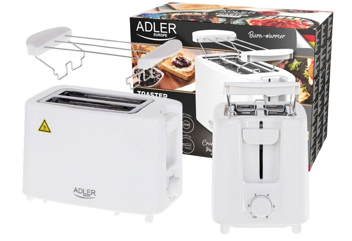 Тостер Adler AD 3223 — 900 Вт, 2 відділення, 6 рівнів підсмажування, решітка для булочок, білий