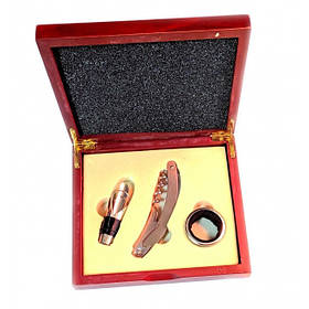 Набір сомельє для відкривання винних пляшок, кільце, штопор, пробка у дерев'яному футлярі 17х15х4,5 см