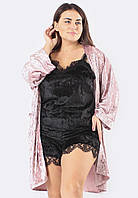 СУПЕР БАТАЛЫ! Комплект шортики+майка+халат велюровый тройка розовый/черный