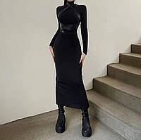 Стильное женское черное платье в длине миди с имитацией портупеи с разрезом; размер: 42-46
