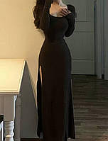 Стильное женское черное платье в длине миди с глубоким разрезом; размер: 42-46