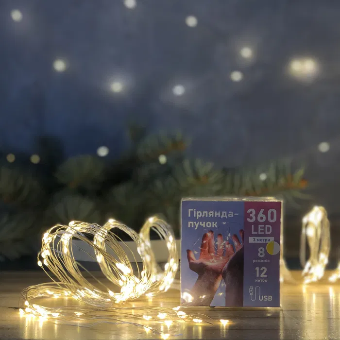 Гірлянда пучок кіньський хвіст 360 led 12 ниток по 3 м від USB теплий білий