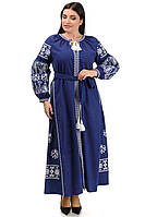 Вишукана довга сукня вишиванка з льону «Мрія» колір темно-синій