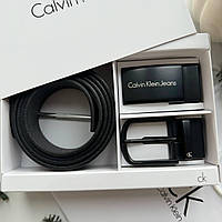 Подарочный набор мужской Calvin Klein Jeans черный кожаный ремень с двумя пряжками в коробочке подарок мужчине