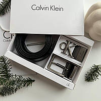Подарочный набор мужской Calvin Klein Jeans подарок мужчин черный кожаный ремень с двумя пряжками в коробочке