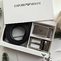 Подарочный набор мужской Emporio Armani стильный кожаный ремень с двумя пряжками в коробочке подарок мужчине