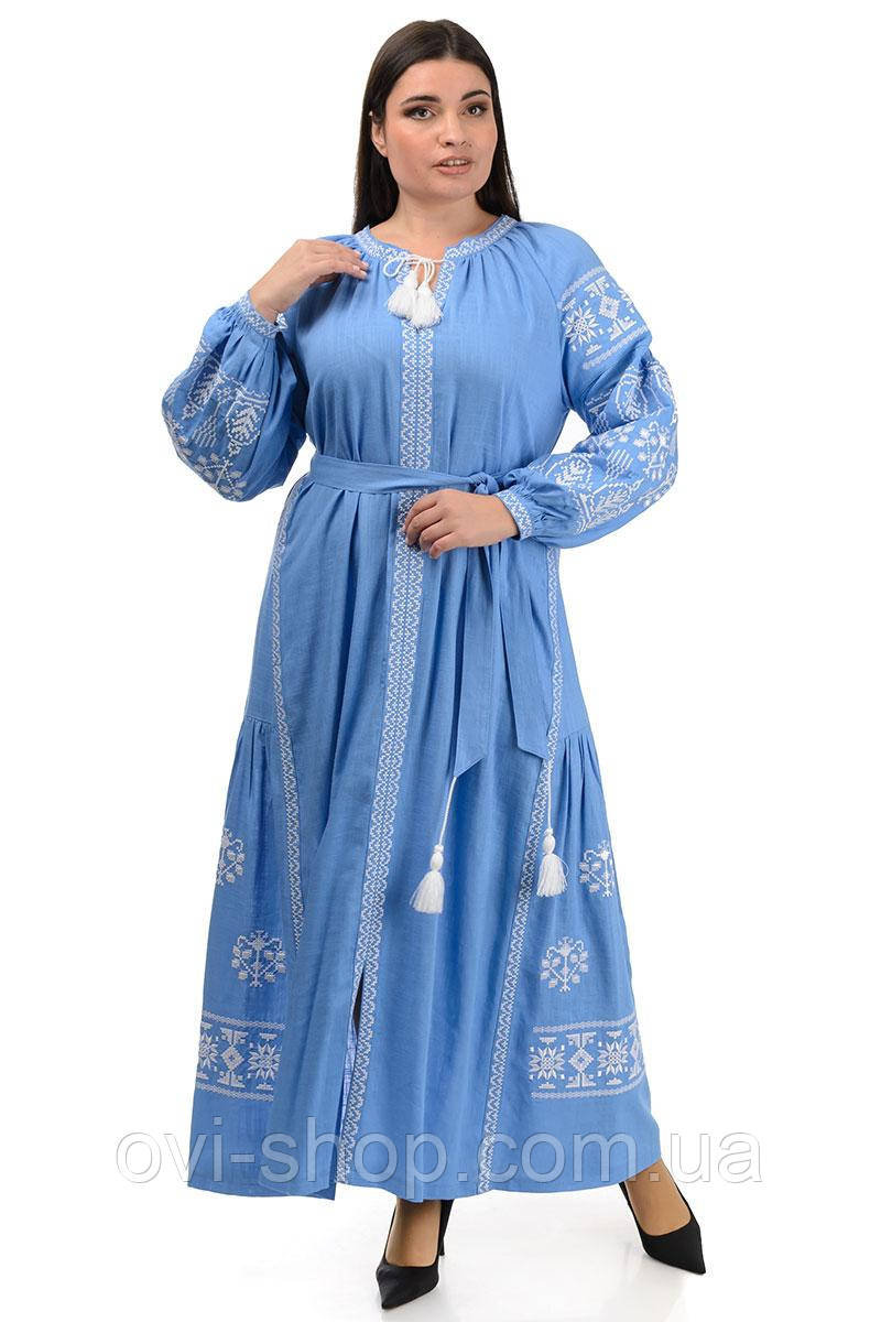 Вишукана довга сукня вишиванка з льону «Мрія» колір блакитний