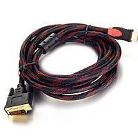 Кабель HDMI (папа)-DVI (папа) 1,5метра 2 феррита оплетка круглый, Пакет, Q150