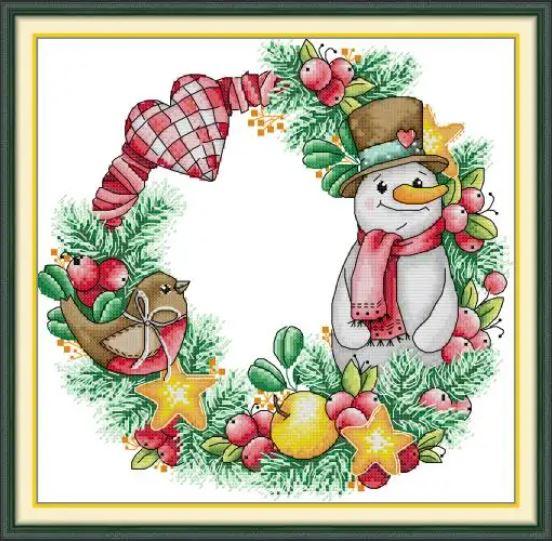 Набір для вишивання за нанесеною на канву схемою "Christmas Snowman Wreath ".AIDA 14CT printed, 34*33 см