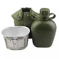 Фляга армейская для воды 1 литр с чехлом и котелком зеленая
