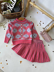 Комплект для дівчинки 2-а теплий Светр з візерунками та спідниця Малиновий 125, 19, Малиновий, Для дівчаток, Зима, 104