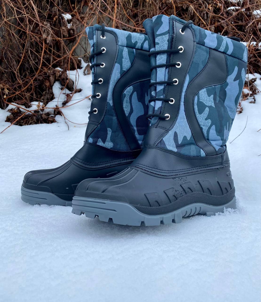 Зимові чоботи високі "СНІГОХОД", з натуральною вовною НОВИНКА! (на шнурках). Колір: синій камуфляж