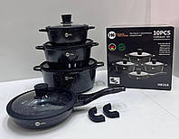 Набор посуды с гранитным покрытием и силиконовыми крышками 10 предметов Higher Kitchen НК 324 Черный