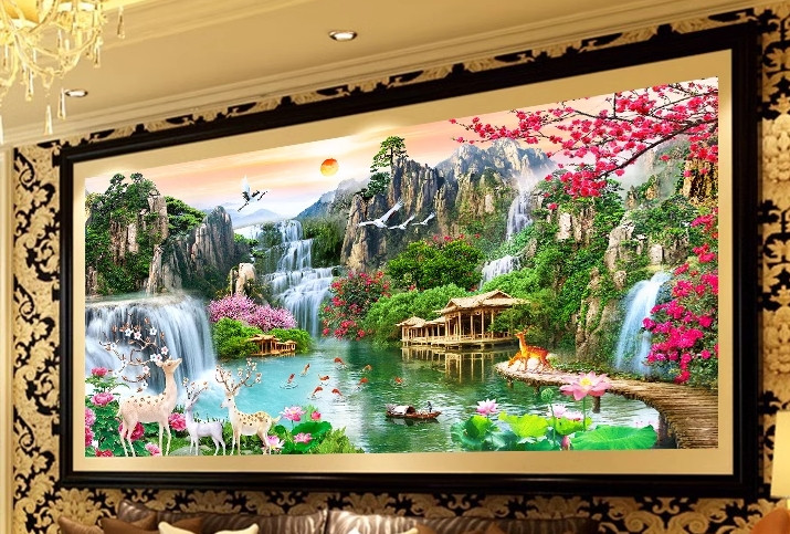 Набір для вишивання хрестиком пейзаж гори водоспад олені розмір картини 88*45 см, фото 1